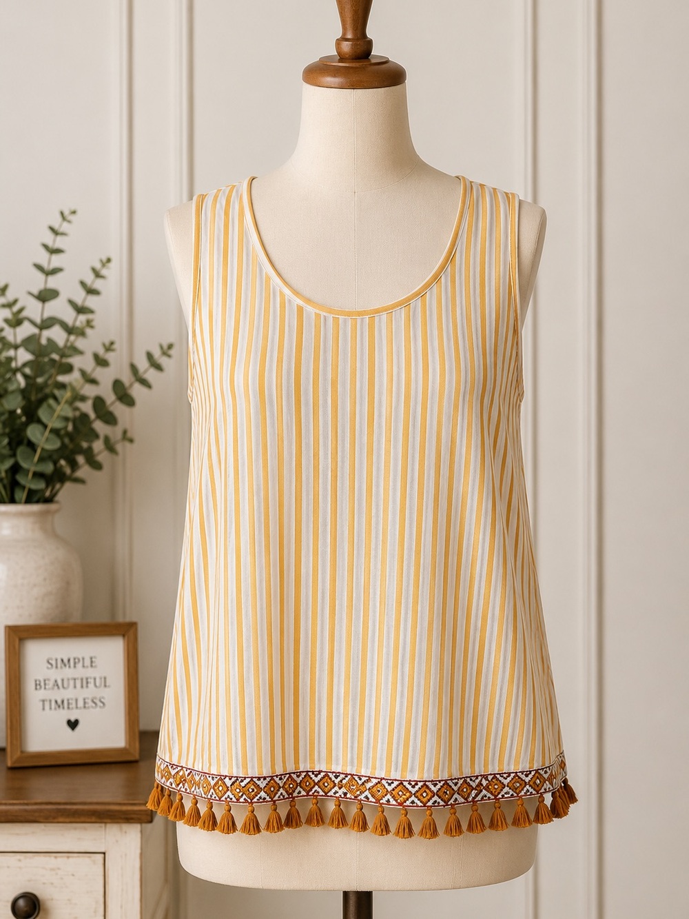 W5 NWT Mustard Ivory Striped Tassel Tank Top Medium Boho Sleeveless Fringe Hem